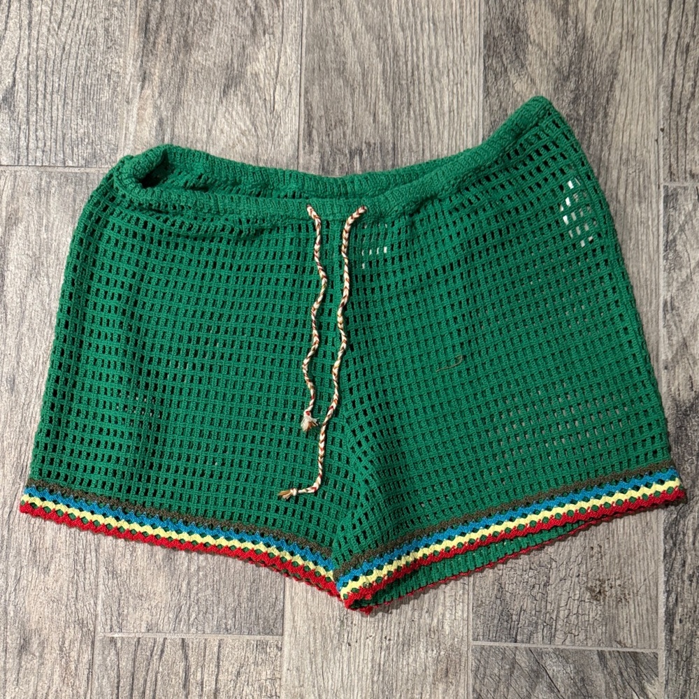 BDG Green Crochet Athletic Shorts with Multicolor Trim
